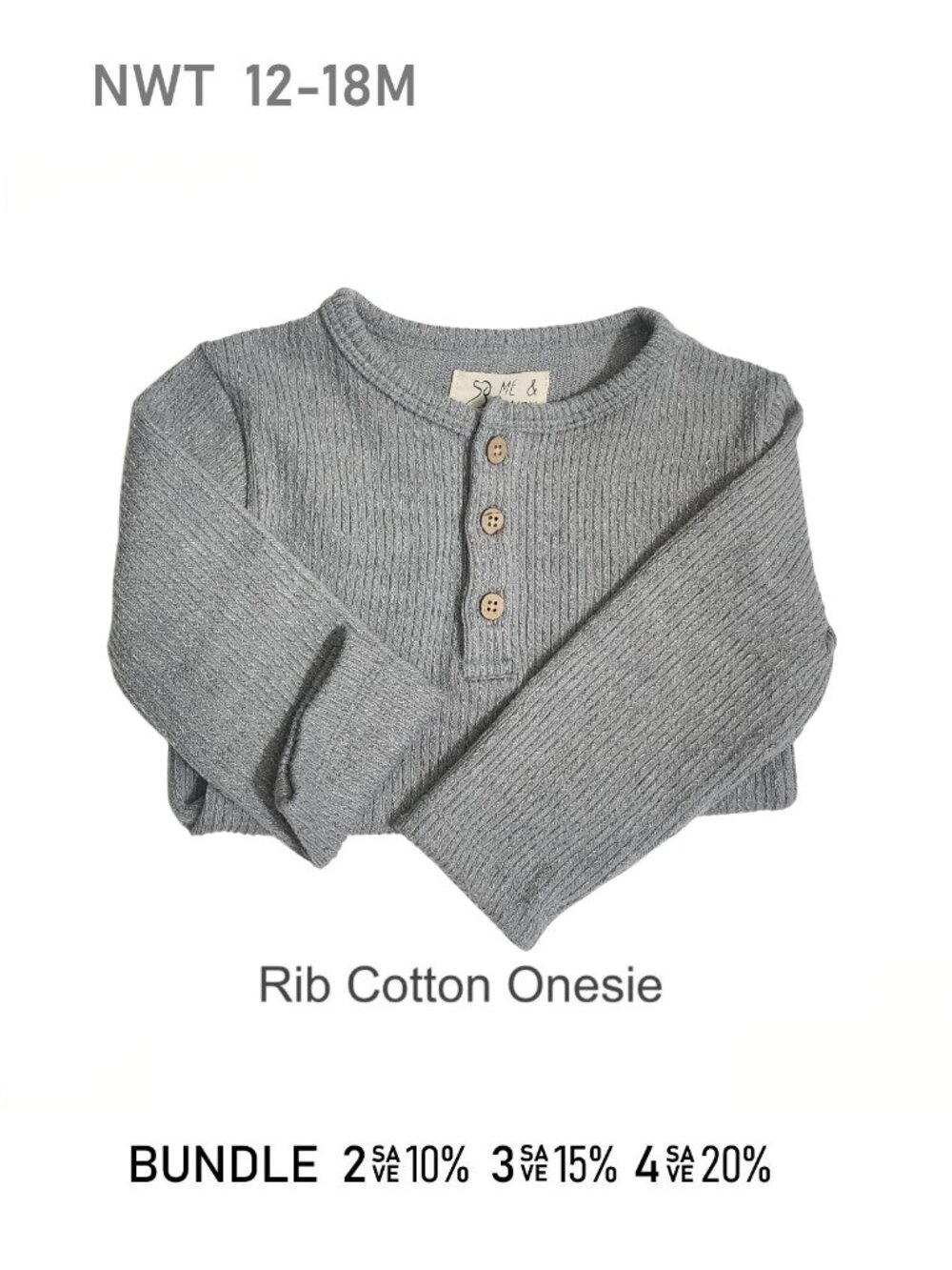 NWT - Grey Rib Long Sleeve Cotton Onesie Size 12/18M